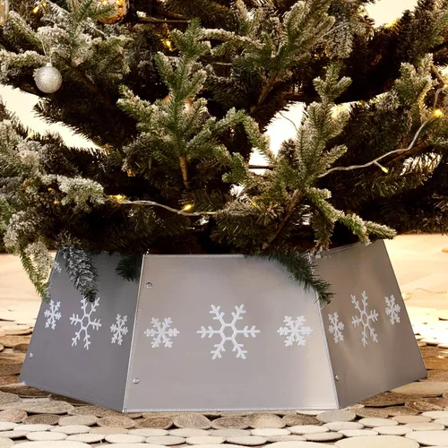 Vista 10 de HarcoHome Collar de metal para árbol de Navidad con copo de nieve 3D, cubierta hexagonal resistente para base de árbol de lápiz, anillo de árbol