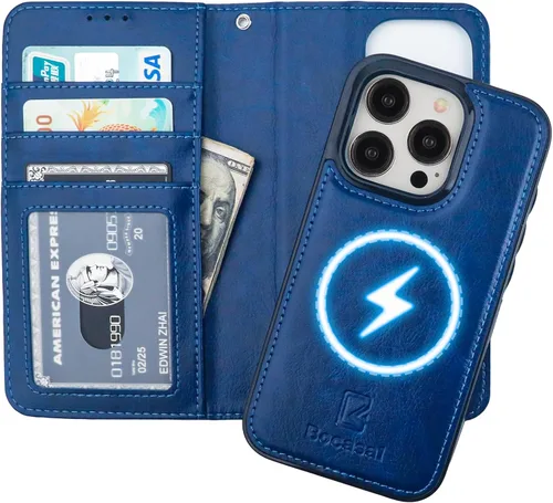 Vista 12 de Bocasal Funda tipo cartera desmontable para iPhone 15 Pro con bloqueo RFID, ranuras para tarjetas, soporte de cuero PU premium magnético con soporte
