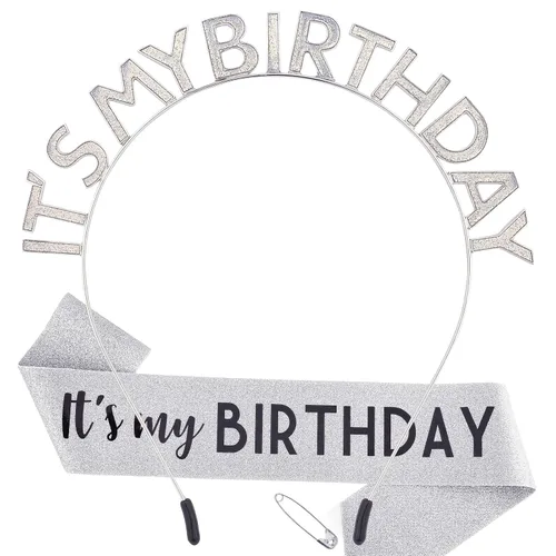 Vista 9 de Coronas y bandas de cumpleaños para mujer: diadema festiva y juego de accesorios de cumpleaños It's My Birthday