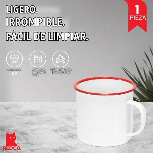 Vista 3 de Red Co. Enamelware - Taza redonda de metal para café y té de 22 onzas con asa, borde blanco y rojo sólido
