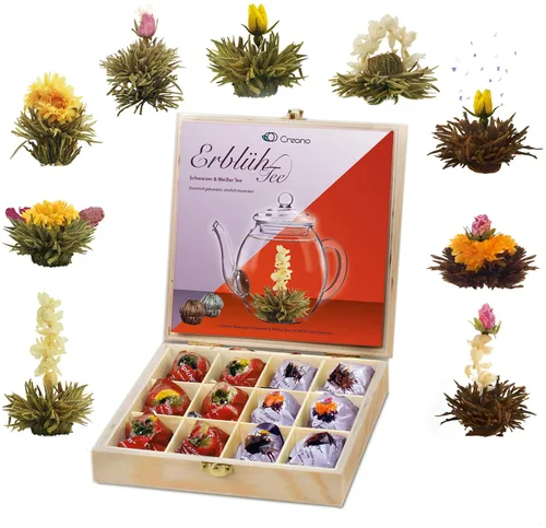 Vista 12 de Creano Abloom Tea - Set de regalo floreciente en caja de madera, 12 piezas en 3 variaciones, negro