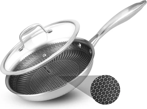 Vista 10 de NutriChef Juego de 6 sartenes de acero inoxidable de tres capas, sartenes antiadherentes de 8, 10 y 12 pulgadas con tapas, compatibles