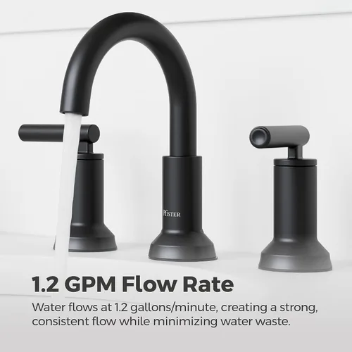Vista 8 de Grifo para lavabo de baño Pfister Capistrano, 8 pulgadas de separación amplia, 2 manijas, 3 orificios, certificado NSF, acabado negro mate Spot Spot