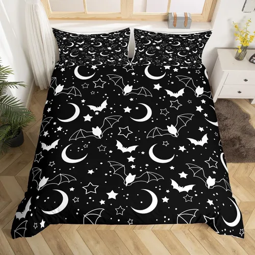 Vista 32 de Juego de ropa de cama de Halloween, funda de edredón gótica de murciélagos negros con telarañas, funda de edredón individual, diseño de arañas