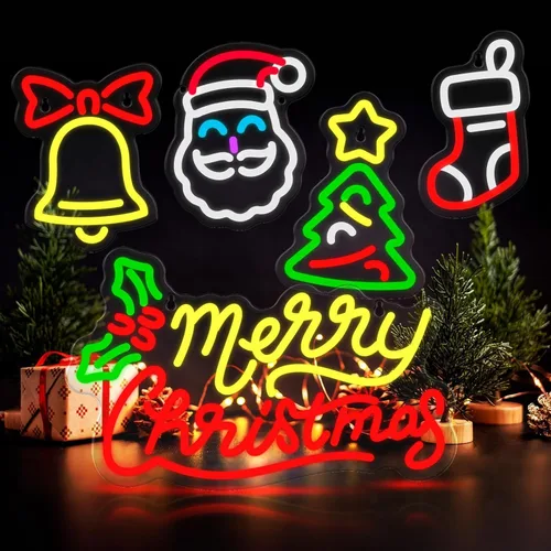 Vista 6 de 5 letreros de neón de Navidad con texto en inglés "Merry Christmas", campanas de Papá Noel, árbol de Navidad, luces LED, luces de neón de invierno