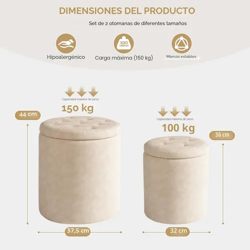 Vista 2 de oakvivo Otomana redonda de piel sintética con almacenamiento de 12.6" de ancho x 14.17" de alto y 14.76" de ancho x 17.32" de alto, juego de 2, mesa