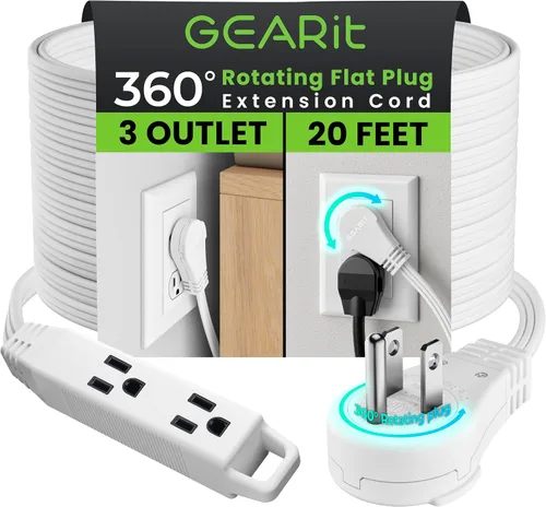 Vista 47 de GEARit Cable de extensión de enchufe plano giratorio de 360° de 3 pies, cable de alimentación de perfil bajo de 3 salidas, ahorro de espacio