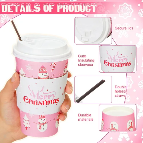 Vista 3 de Ziliny 100 juegos de tazas de papel de Navidad con manga y tapa con pajita, tazas de chocolate caliente y cacao para fiestas de Navidad, suministros