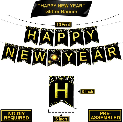 Vista 4 de KatchOn, Suministros para fiestas de Año Nuevo 2026 – Paquete de 34 Cartel de feliz año nuevo de 10 pies con pompones Fondo negro y dorado