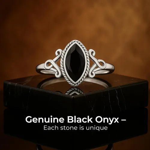 Vista 3 de Cut Marquise Black Onyx Ethnic Delicate Ring 925 Sterling Silver Vintage Tribal Gipsy Boho Look