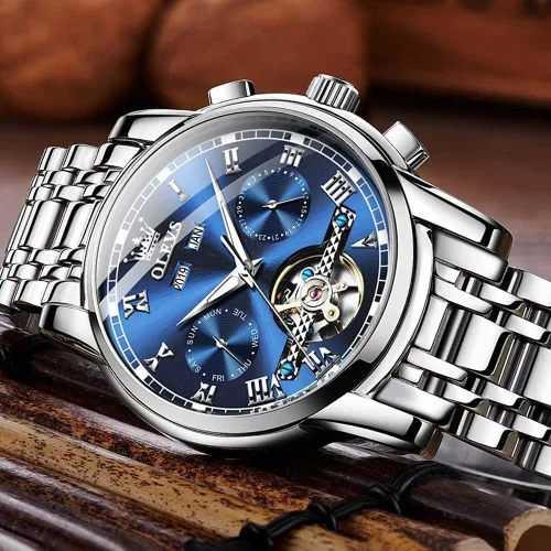 Vista 2 de OLEVS Reloj para hombre Tourbillon automático mecánico de cuerda automática, reloj de pulsera de lujo con doble calendario de acero inoxidable