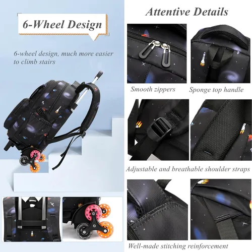 Vista 6 de Mochila escolar con ruedas con estampado de galaxias para niños de primaria, 3pcs-a-galaxy-6 ruedas-negro, Moderno