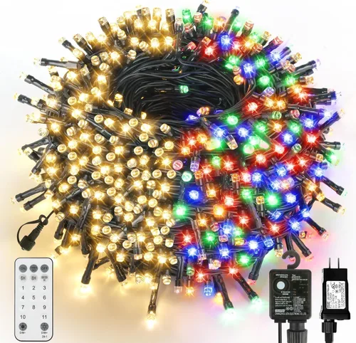Vista 9 de Cadena de 300 luces LED para árbol de Navidad de 105 pies, luces navideñas enchufables con 8 modos y certificación UL, luces para interiores