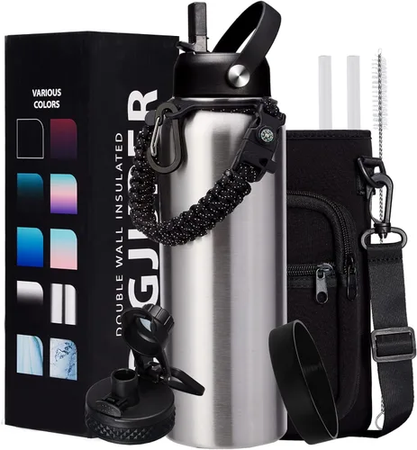 Vista 14 de Botella de agua aislada de 1 galón, con popote y tapa de pico automático, mango de paracord, funda para botella, botella de agua de acero inoxidable