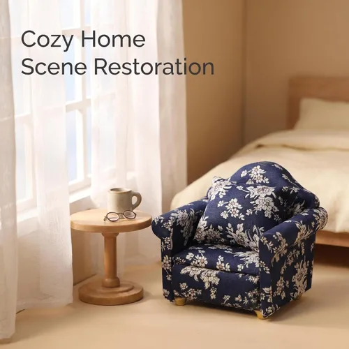 Vista 5 de Sofá de casa de muñecas con almohada a escala 1/12, muebles en miniatura, color azul Miniature 2 pcs high simulation upholstered fabric & wood