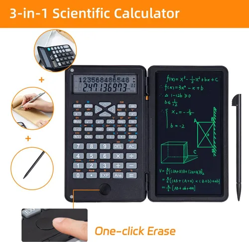 Vista 4 de Calculadora científica DPEDUAI con tableta de escritura LCD para escuela, color negro 240 math functions, dual-line display, built-in LCD writing