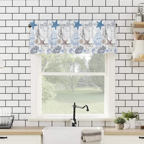 Vista 4 de Cortinas de cenefa costera para dormitorio, sala de estar, estrellas de mar náuticas, algas azules, persianas romanas para ventanas, cortinas
