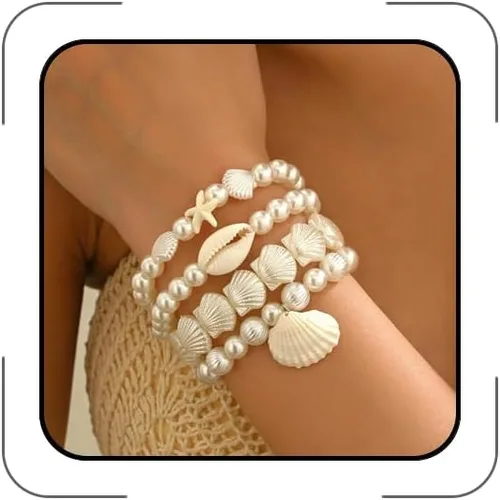 Vista 10 de Pulseras de perlas para mujer, pulsera de perlas de imitación con cuentas de perlas blancas, juego de pulseras elásticas apilables, pulseras