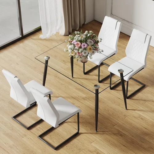 Vista 3 de Ebullient Mesa de comedor de cristal, mesa rectangular moderna de 51 pulgadas con amplia mesa de vidrio templado y patas de mesa de metal negro