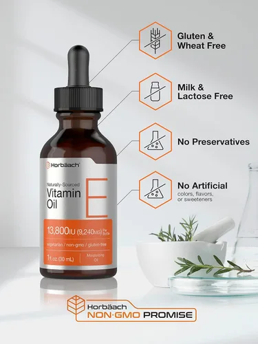 Vista 4 de Horbäach Aceite de vitamina E 13,800 UI 1oz para rostro y piel Suplemento líquido de origen natural Fórmula vegetariana, sin OMG y sin