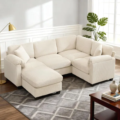 Vista 16 de Sofá modular modular con otomana, sofá de pana de 3 plazas con 2 almohadas, sofá de asiento profundo en forma de L de 88.2 pulgadas con cojín Beige