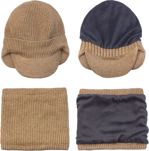 Vista 4 de Muryobao Gorro de invierno para hombre, con visera de punto, con forro polar y calentador de cuello
