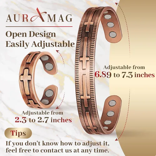 Vista 6 de Pulseras de cobre Auramag para mujeres, anillo de cobre y pulsera magnética con imanes de 3500 Gauss, joyería de cobre 99,99% pura para mujeres