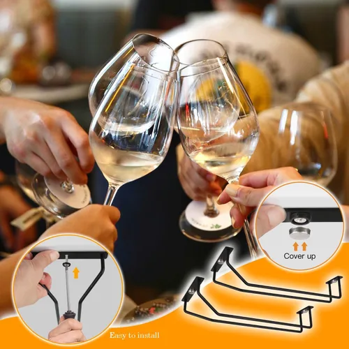 Vista 6 de Estante para copas de vino negro de 10.8 pulgadas, soporte para copas de vino debajo del gabinete, colgador de metal para almacenamiento de cocina