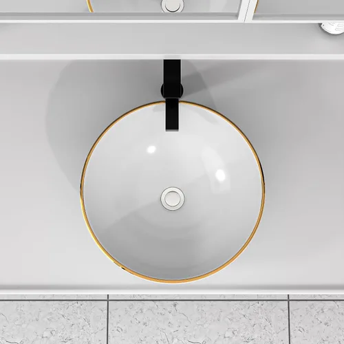Vista 4 de Fregadero de recipiente blanco redondo - Fulorni 33x33 cm Lavabo de baño de cerámica de porcelana con borde dorado sobre encimera, fregadero