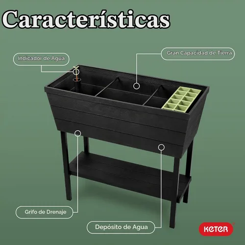Vista 5 de Keter Urban Bloomer - Jardinera elevada de 12.7 galones y maceta de jardín de hierbas para exteriores con medidor de riego automático y tapón