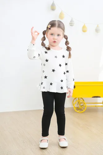 Vista 5 de CuteMe Conjunto de ropa para niñas pequeñas, con estampado de estrellas, manga larga y pantalones, 2 piezas