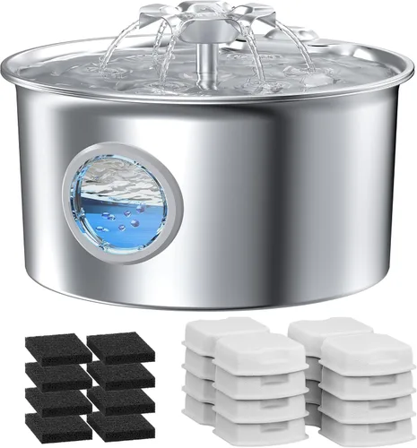 Vista 10 de Fuente de agua para gatos de acero inoxidable: fuente para mascotas ultra silenciosa de 88 oz/2.6 L con pico de gatito con flores y dispensador