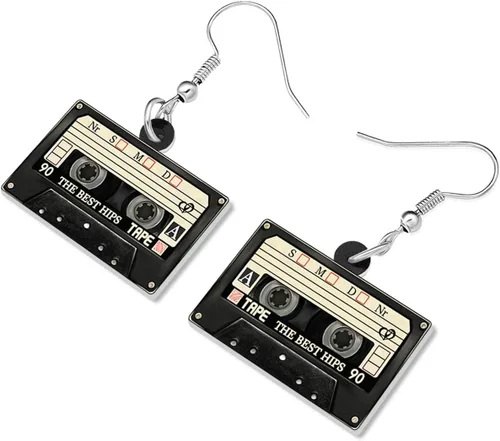 Vista 3 de Pendientes de cinta de cassette vintage de acrílico de los años 80 y 90 años 90 retro para instrumentos musicales cuelgan joyería novedosa