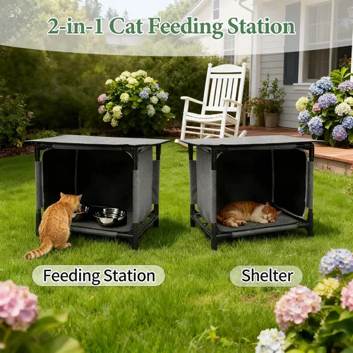 Vista 7 de Casa impermeable para gatos para estación de alimentación de gatos al aire libre, resistente a la intemperie, para gatos callejeros, gatos salvajes