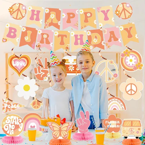 Vista 6 de 19 piezas de decoraciones de fiesta geniales incluyen pancarta bohemia de feliz cumpleaños, espirales colgantes hippie retro boho panal centros