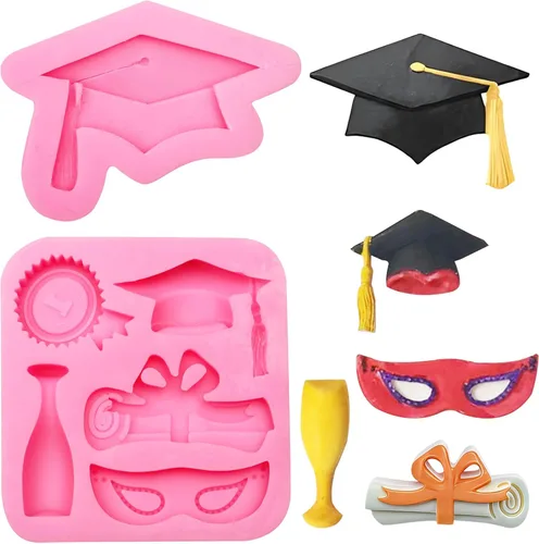 Vista 10 de Moldes de silicona para chocolate con tapa de graduación, moldes para hornear fondant de graduación 2023 para decoración de pasteles, decoración
