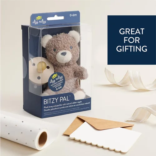 Vista 7 de Itzy Ritzy Juego de Chupete y Lovey - Chupete de goma natural con lovey de animal de peluche - Soporte de chupete de oso de peluche desmontable