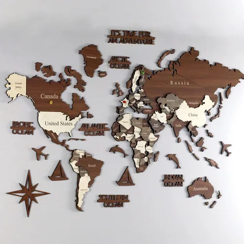Vista 3 de Mapa del mundo de madera 3D, mapa de pared de madera, regalo de inauguración de la casa, mapa del mundo, decoración artística de pared, mapa