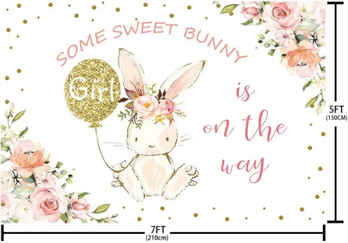 Vista 4 de MEHOFOND Fondo de fiesta de conejito de 7 x 5 pies para decoración de fiesta de baby shower, con texto en inglés "Some Sweet Bunny is on the Way