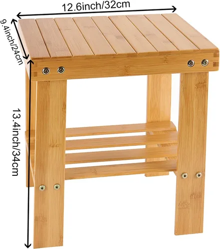 Vista 2 de HOIGON Paquete de 2 taburetes de ducha de bambú de 13 pulgadas, taburete de madera con carcasa de almacenamiento, taburetes antideslizantes