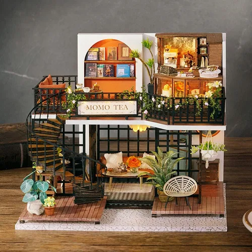 Vista 8 de Mini casa de muñecas en miniatura de madera, tienda de té del bosque, escena, modelo de construcción, casa de juguete con luces LED y cubierta
