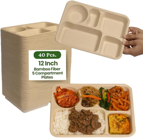 Vista 8 de Dtocs Platos de compartimento desechables (40 piezas) 4 porciones, bandejas seccionales resistentes de fibra de bambú para campamento, catering