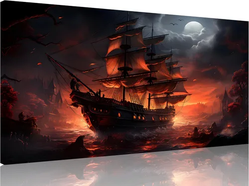 Vista 26 de TutuBeer 3 Piezas Arte de Pared Batalla Naval Barco Imagen Barco Pirata Velero Póster Barco Pirata Azul en Llamas Imagen Impresa en Lienzo Póster
