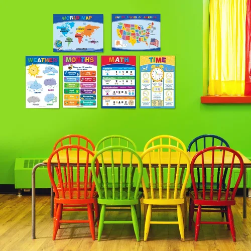 Vista 6 de 20 Carteles Educativos Grandes para Niños Pequeños (16.5x12 pulgadas Doble Cara Inglés/Español) Alfabeto Colores Letras Números Formas Meses Días