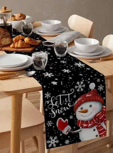 Vista 6 de Camino de mesa de muñeco de nieve de Navidad negro – Lino de algodón de 36 pulgadas de largo, bufandas de vestido de Navidad con copo de nieve