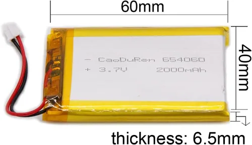 Vista 2 de Número de pieza verificado MSDS: 654060, batería recargable de iones de polímero de litio Li Lipo de 3.7V 2000mAh con conector JST de 2 pines