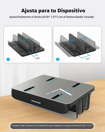 Vista 4 de Soporte vertical para portátil AboveTEK, soporte de escritorio de aluminio con 3 ranuras y base ajustable para tableta, MacBook, teléfono - Ajuste