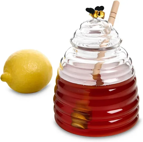 Vista 4 de HIC Kitchen Tarro de miel de vidrio con tapa y cuchara de miel, vidrio de borosilicato y madera de haya Vidrio/Madera