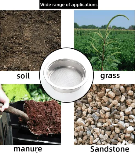 Vista 7 de Juego de tamiz de suelo para jardín con 5 tamaños de filtro de malla de tamiz y pala, bandeja de tamiz apilable de acero inoxidable para tierra