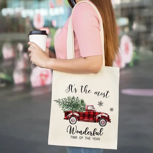 Vista 6 de Whaline 3 bolsas de lona de Navidad a cuadros, árbol de Navidad, camión, muñeco de nieve, bolsa de compras de Navidad para invierno, reutilizable